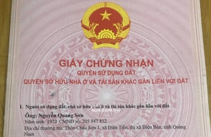 Chính chủ bán lô đất gần khu du lịch Bồ Bồ, Điện Tiến, Điện Bàn, Quảng Nam